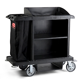 Rubbermaid® hotel trolley, medium size, cabinet with adjustable shelf, vacuum cleaner holder, bag holder &amp; hooks, castors with fixed plate