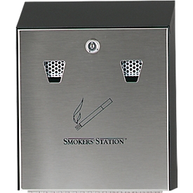 Rubbermaid® Smokers Station® wall-mounted ashtray, for outdoor use, 3.1 l capacity, lockable, W 254 x D 76 x H 317 mm, hot-dip galvanized steel, silver