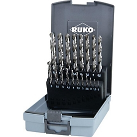 RUKO Jeu de forets hélicoïdaux DIN 338 type N, Ø 1-10 mm x 0,5, HSS, 19 pièces, queue cylindrique, en cassette plastique