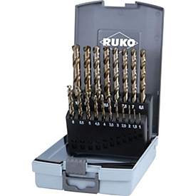 RUKO Jeu de forets hélicoïdaux DIN 338 type VA, Ø 1-10 mm x 0,5 mm, HSS-Co5 or, angle de pointe 130°, 19 pièces, cassette plastique
