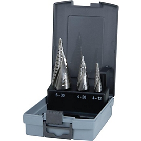RUKO Stufenbohrersatz, Ø 4-12/4-20/4-30 mm, HSS Spiralnut, Kreuzanschliff, 3 Spannflächen, Kunststoffkassette, 3-teilig