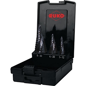 RUKO Stufenbohrersatz ULTIMATECUT, Ø 5-30 mm, HSS RUnaTEC-beschichtet, 3-teilig, spiralgenutet, mit Kunststoffkassette
