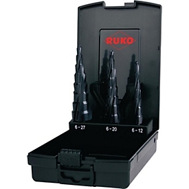 RUKO Stufenbohrersatz ULTIMATECUT, HSS RUnaTEC-beschichtet, Ø 6-12/6-20/6-27 mm, TURBO-Spitze, 3-teilig
