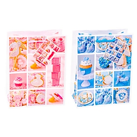 Sac cadeau avec motif photo "Bébé", format A5, avec cordon de transport et étiquette, L 180 x P 100 x H 230 mm, film PP, rose-bleu, 12 pièces assorties