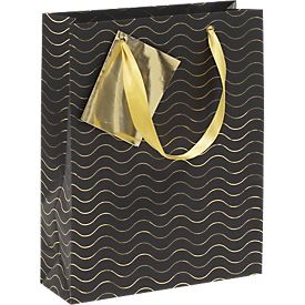 Sac cadeau CLAIREFONTAINE Premium Max &amp; Moi Arabesk, taille M, rubans de transport en satin, étiquette d'inscription, résistant à la déchirure, revêtement PP, noir/or, 5 pcs.