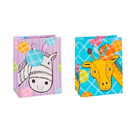 Sac cadeau motif animal zèbre/girafe, format A5, avec courroie de transport et étiquette, L 180 x P 100 x H 230 mm, film PP, violet-bleu, 12 pièces assorties