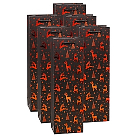 Sac pour bouteilles Premium Rennes, noir avec impression à chaud rouge brillant, papier kraft 200 g/m², cordelette plastique solide, set de 6, L 120 x P 80 x H 380 mm