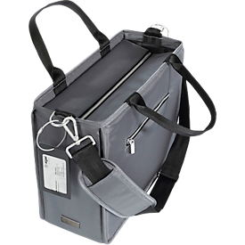 Sacoche pour ordinateur portable Sigel Desk Sharing Bag Premium M, pour ordinateurs portables jusqu'à 15,4″, 2 grands et 5 petits compartiments, poignées, bandoulière, RPET, gris foncé