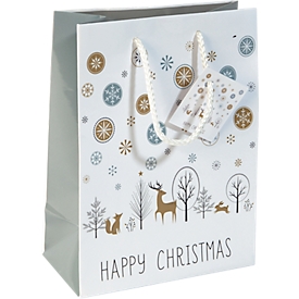 Sacs cadeaux Noël Sigel, cordons de transport & étiquette, moyen, 170 x 230 x 90 mm, papier avec inscription & vernis brillant, argenté-or, 5 pcs.
