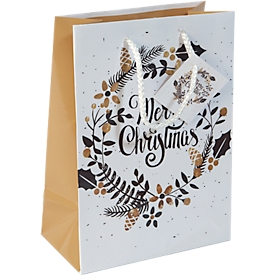 Sacs cadeaux Noël Sigel, cordons de transport & étiquettes cadeaux, moyen, 170 x 230 x 90 mm, papier avec inscription & finition brillante, blanc-or, 5 pcs.