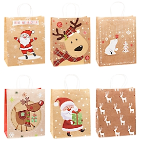 Sacs cadeaux Noël TSI série 1, 6 motifs différents, grand, L 260 x P 135 x H 320 mm, 100 % recyclable, papier kraft, beige sable, 12 pcs.