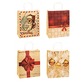 Sacs cadeaux Noël TSI série 4, 4 motifs différents, grand, L 260 x P 135 x H 320 mm, 100 % recyclable, papier kraft, beige-rouge, 12 pcs.