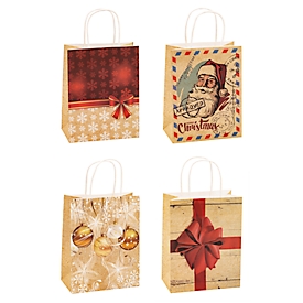 Sacs cadeaux Noël TSI série 4, 4 motifs différents, moyen, L 180 x P 100 x H 230 mm, 100 % recyclable, papier kraft, beige-rouge, 12 pcs.