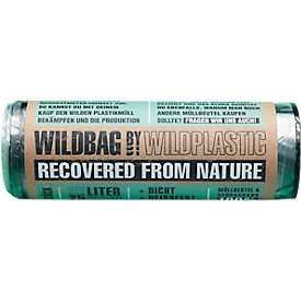 Sacs poubelle Wildplastic® WILDBAG, volume 25 l, épaisseur 25 µm, L 520 x H 550 mm, 100 % recyclables, LDPE recyclé, transparent, 15 rouleaux de 15 sacs