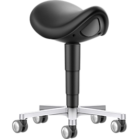 Saddle stool bimos 9473L, with castors, 3D seat mechanism, height-adjustable, up to 120 kg, steel &amp; imitation leather, disinfectant-resistant, black