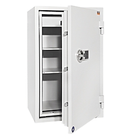 Safe FRS 93, fire resistance LFS 60P to EN 15659, security level S 2, electronic lock, 2 shelves &amp; 1 pull-out drawer, W 565 x D 450 x H 972 mm, light gray RAL 7035
