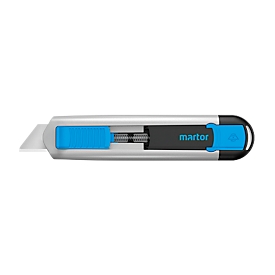 Safety knife MARTOR SECUNORM 525, for left &amp; right handers, cutting depth 21 mm, auto blade retraction, L 143 x W 16 x H 36 mm, aluminium, silver