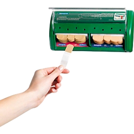 Salvequick® pleisterdispenser, navulbaar, incl. 45 waterafstotende &amp; 40 elastische pleisterstrips, B 230 x D 55 x H 120 mm, kunststof, groen