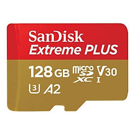 SanDisk Extreme PLUS - Flash-Speicherkarte (microSDXC-an-SD-Adapter inbegriffen) - 128 GB - A2 / Video Class V30 / UHS-I U3 / Class10 - microSDXC UHS-I