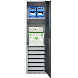 Schäfer Shop Armoire à matériel Genius FS, 5 HC, verrouillable, 2 tablettes/6 tiroirs, jusqu'à 250 kg, L 545 x P 520 x H 1950 mm, acier, alu blanc/gris anthracite