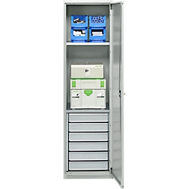 Schäfer Shop Armoire à matériel Genius FS, 5 HC, verrouillable, 2 tablettes/6 tiroirs, jusqu'à 250 kg, L 545 x P 520 x H 1950 mm, acier, gris clair/gris clair