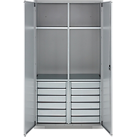 Schäfer Shop Armoire à matériel Genius FS, 5 HC, verrouillable, 4 tablettes/12 tiroirs, jusqu'à 450 kg, L 1055 x P 520 x H 1950 mm, acier, alu blanc/alu blanc