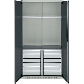 Schäfer Shop Armoire à matériel Genius FS, 5 HC, verrouillable, 4 tablettes/12 tiroirs, jusqu'à 450 kg, L 1055 x P 520 x H 1950 mm, acier, gris clair/gris anthracite
