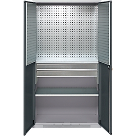 Schäfer Shop Armoire à matériel Genius FS, 5 HC, verrouillable, parois perforées/2 tiroirs/2 étagères, jusqu'à 450 kg, L 1055 x P 520 x H 1950 mm, alu blanc/gris anthracite + kit gratuit de bacs d'insertion-24 pcs.
