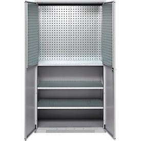 Schäfer Shop Armoire à matériel Genius FS, 5 HC, verrouillable, parois perforées/3 étagères, jusqu'à 450 kg, L 1055 x P 520 x H 1950 mm, alu blanc/alu blanc
