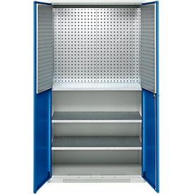 Schäfer Shop Armoire à matériel Genius FS, 5 HC, verrouillable, parois perforées/3 étagères, jusqu'à 450 kg, L 1055 x P 520 x H 1950 mm, gris clair/bleu gentiane