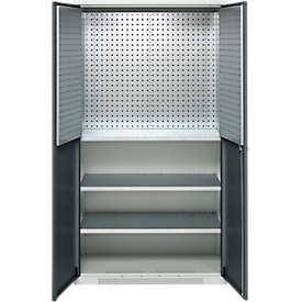 Schäfer Shop Armoire à matériel Genius FS, 5 HC, verrouillable, parois perforées/3 étagères, jusqu'à 450 kg, L 1055 x P 520 x H 1950 mm, gris clair/gris anthracite