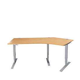 Schäfer Shop Bureau d'angle Genius AERO FLEX, réglage électrique de la hauteur, angle de 135° à droite, L 2165 mm, hêtre/alu blanc + panneau de mémoire
