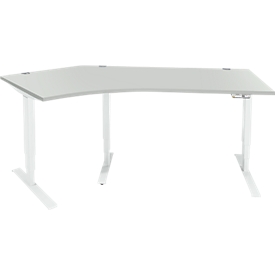 Schäfer Shop Bureau d'angle Genius AERO FLEX, réglage électrique de la hauteur, angle de 135° à gauche, L 2165 mm, gris clair/blanc + panneau de mémoire