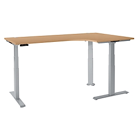 Schäfer Shop Bureau d'angle Genius Modena Flex, réglage électrique de la hauteur, angle 90°, pied en T, L 2000 mm, hêtre/alu blanc