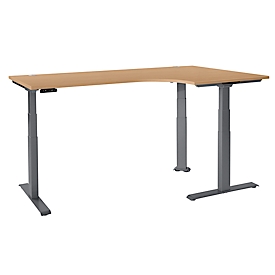 Schäfer Shop Bureau d'angle Genius Modena Flex, réglage électrique de la hauteur, angle 90°, pied en T, L 2000 mm, hêtre/anthracite