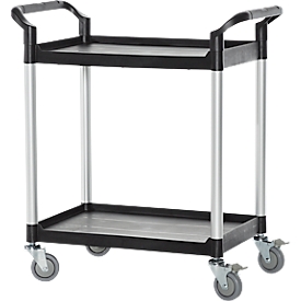 Schäfer Shop Carro de mesa Pure, 2 estantes, hasta 200 kg, 2 asas de empuje, ruedas giratorias, aluminio y plástico, L 850 x A 480 x A 950 mm, estantes negros