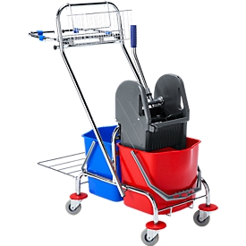 Schäfer Shop Chariot de nettoyage Select, 2 seaux de 17 l/presse à franges/panier grillagé/support pour sacs poubelle, roues pivotantes, L 400 x P 920 x H 980 mm, bleu-rouge