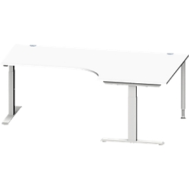 Schäfer Shop Escritorio angular Genius MODENA FLEX, ángulo de 90° a la derecha, tubo rectangular con pie en T, An 2000 x Pr 1200/800 x Al 650-850 mm, aluminio blanco/blanco