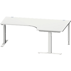 Schäfer Shop Escritorio angular Genius MODENA FLEX, ángulo de 90° a la derecha, tubo rectangular con pie en T, An 2000 x Pr 1200/800 x Al 650-850 mm, aluminio gris claro/blanco