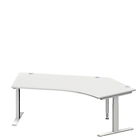 Schäfer Shop Escritorio angular Genius MODENA FLEX, ángulo recto 135°, tubo rectangular con pie en T, An 2165 x P 800/800 x Al 650-850 mm, aluminio gris claro/blanco