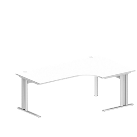 Schäfer Shop Escritorio angular puro PLANOVA BASIC, ángulo de 90° a la derecha, pie en C, An 2000 x Pr 1200/800 x Al 717 mm, blanco + canal para cables