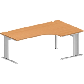 Schäfer Shop Escritorio angular puro PLANOVA BASIC, ángulo de 90° a la derecha, pie en C, An 2000 x Pr 1200/800 x Al 717 mm, haya/aluminio blanco + canal para cables