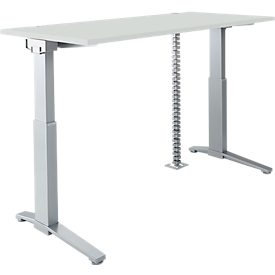 Schäfer Shop Escritorio Genius ERGOSTYLE S, regulable eléctricamente en altura, pie en C, ancho 1600 mm, gris claro/plata aluminio, Memorymaster, pasacables
