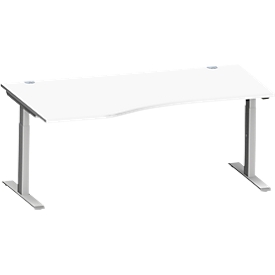 Schäfer Shop Escritorio Genius MODENA FLEX, forma libre a la izquierda, tubo rectangular con patas en T, ancho 1800 x fondo 1000/800 x alto 650-850 mm, aluminio blanco/blanco