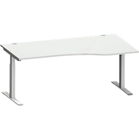 Schäfer Shop Escritorio Genius MODENA FLEX, forma libre derecha, tubo rectangular con patas en T, An 1800 x P 1000/800 x Al 650-850 mm, aluminio gris claro/blanco