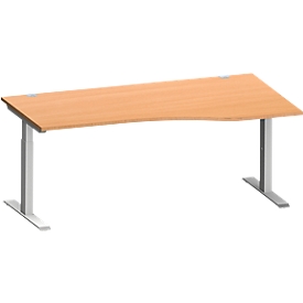 Schäfer Shop Escritorio Genius MODENA FLEX, forma libre derecha, tubo rectangular con patas en T, An 1800 x P 1000/800 x Al 650-850 mm, haya/alu blanco