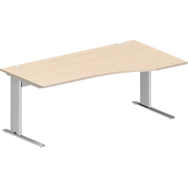 Schäfer Shop Escritorio puro PLANOVA BASIC, forma libre, fijación a la derecha, pie en C, An 1800 x Pr 1000/800 x Al 717 mm, arce/aluminio blanco + canal para cables