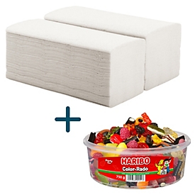 Schäfer Shop Essuie-mains pliés Pure, 2 plis, blanc, 6400 feuilles + GRATUIT Haribo Color-Rado 750 g Party-Box