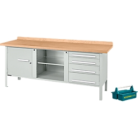 Schäfer Shop Établi en caisson Select PWi 200-1, plateau en hêtre multiplex, jusqu'à 750 kg, L 2000 x P 700 x H 840 mm, gris clair/gris clair + caisse de transport Carry gratuite