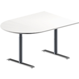 Schäfer Shop Genius 145277 - Table de réunion MODENA FLEX, hauteur ajustable, en forme de demi-cercle, pieds en T avec tubes ronds, l. 1400 x P 1000 mm, blanc 